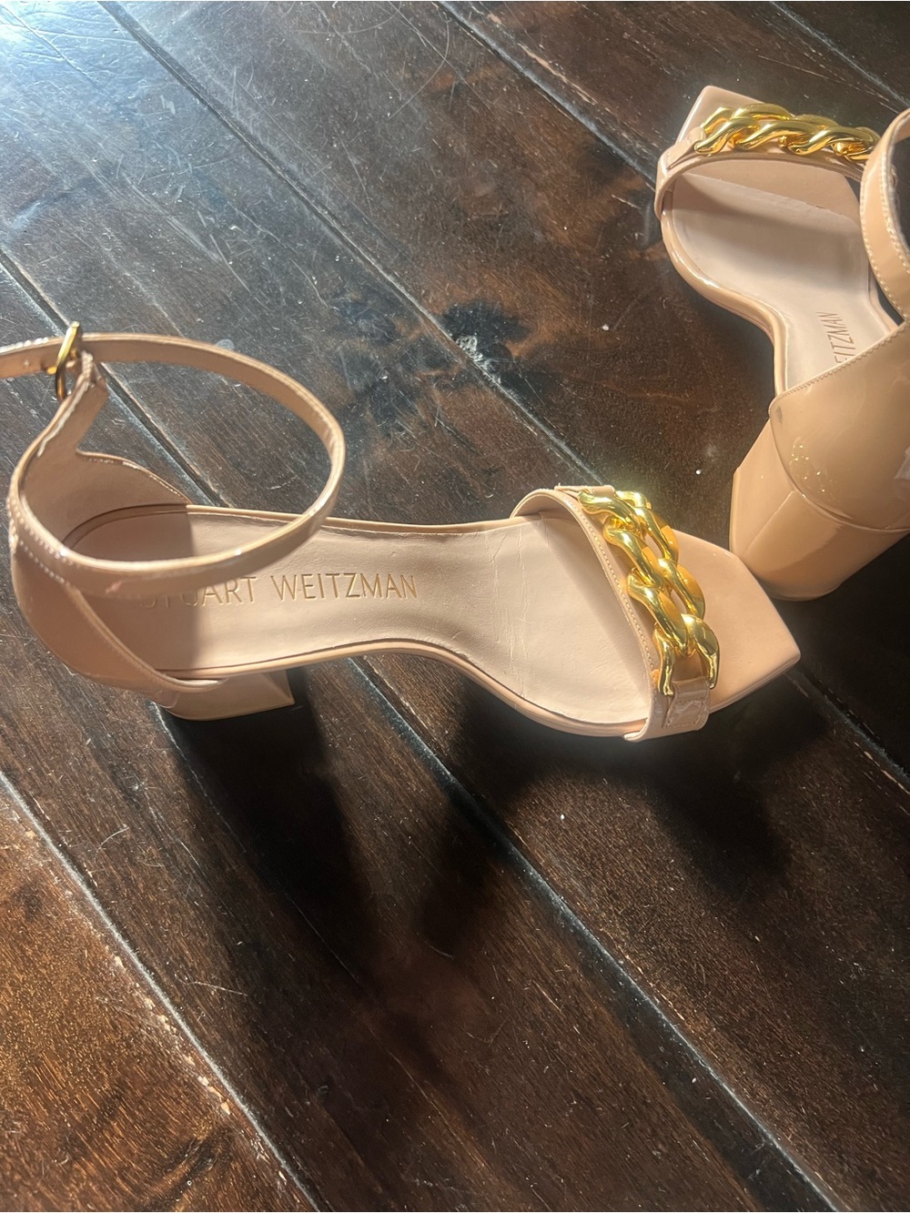 Stuart Weitzman Nude tan Gold Amelina chunky chain Block Heels Sandals size 10 - Picture 8 of 11